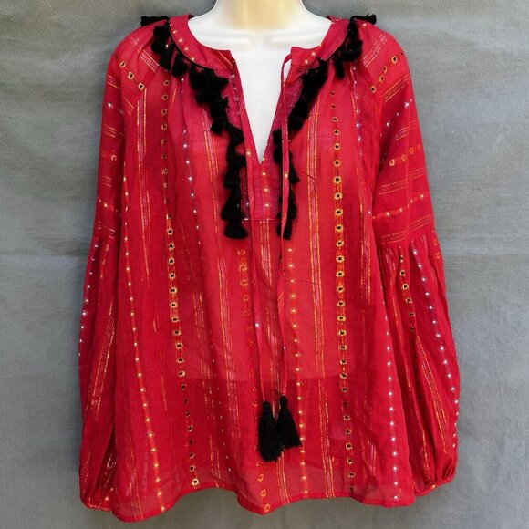 Anthropologie Tops - Anthropologie Belle Vere Sz S Red Black Gold Blouse Shirt Top Metallic Tassels